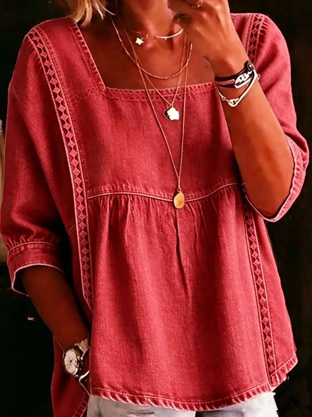 Red square neck embroidered denim blouse