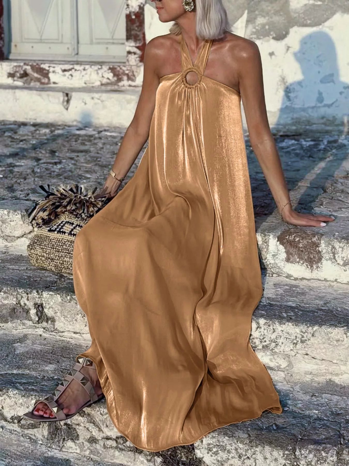 Trendsi Halter Neck Maxi Dress with O-Ring Detail -