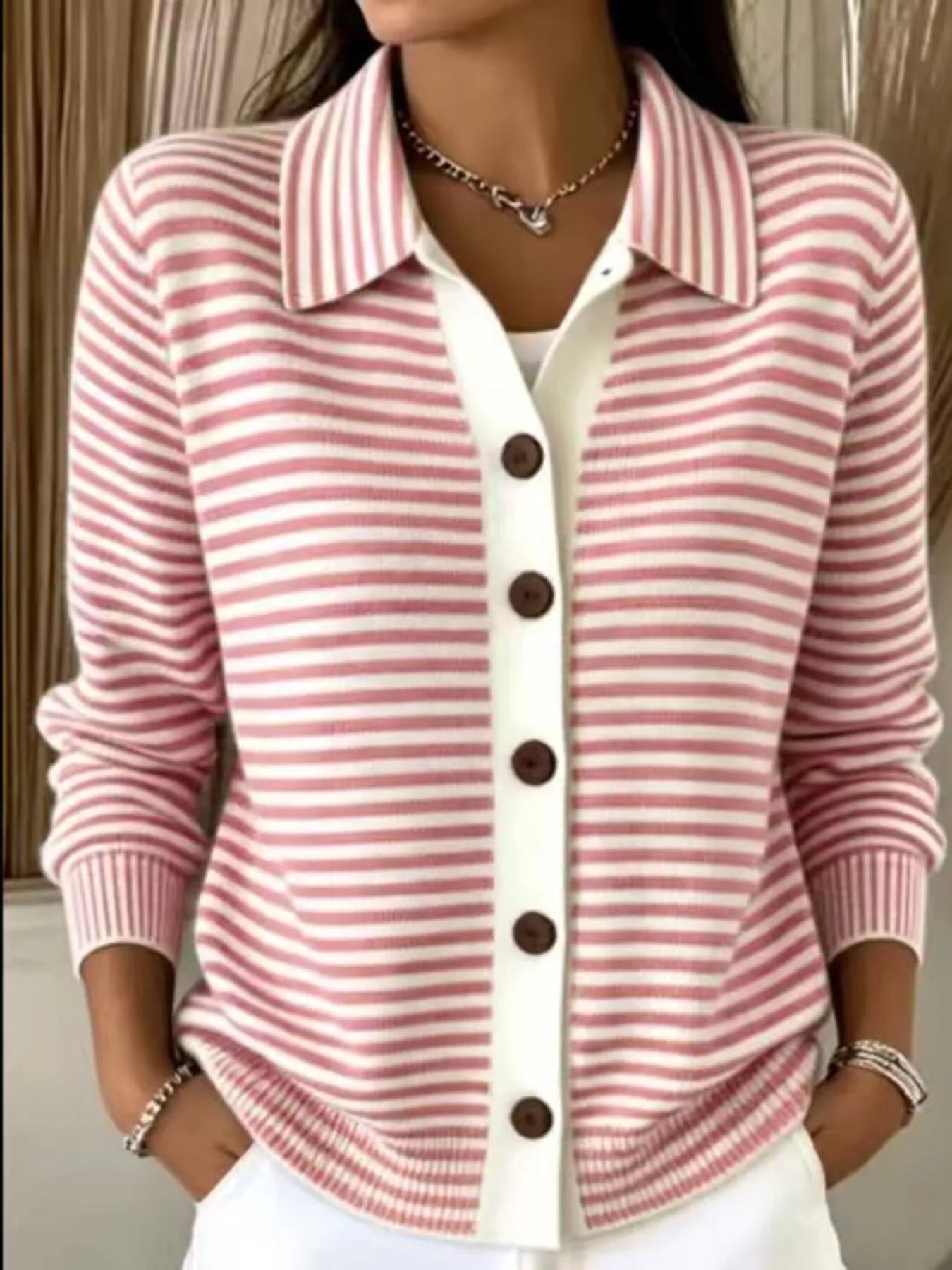Trendsi Striped Collared Button-Down Knit Cardigan -
