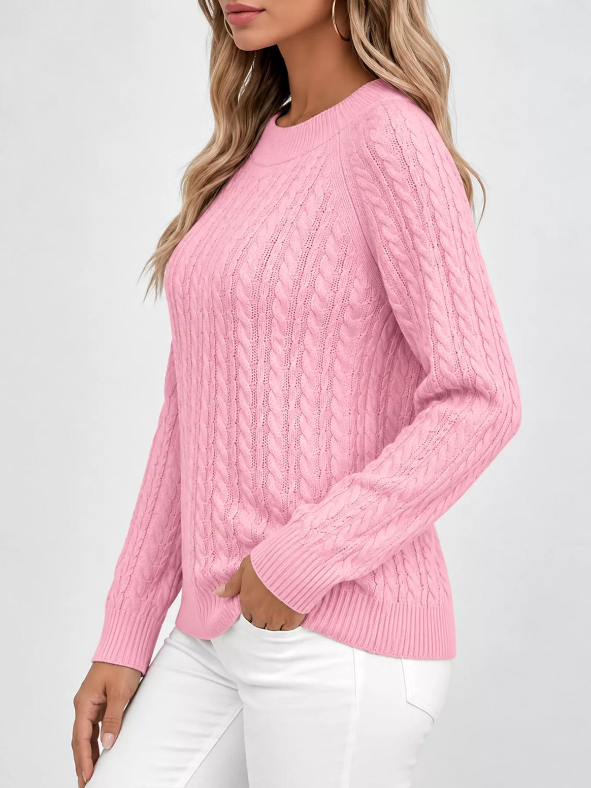Pink cable knit round neck sweater