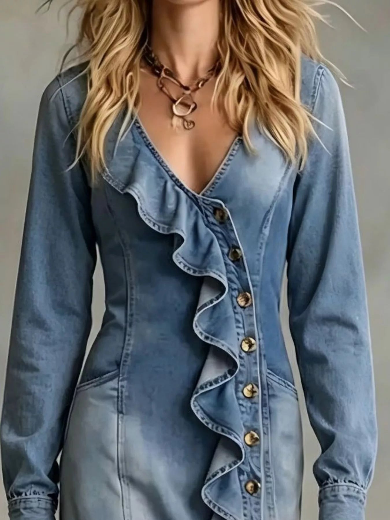 Trendsi Ruffled V-Neck Denim Maxi Dress -