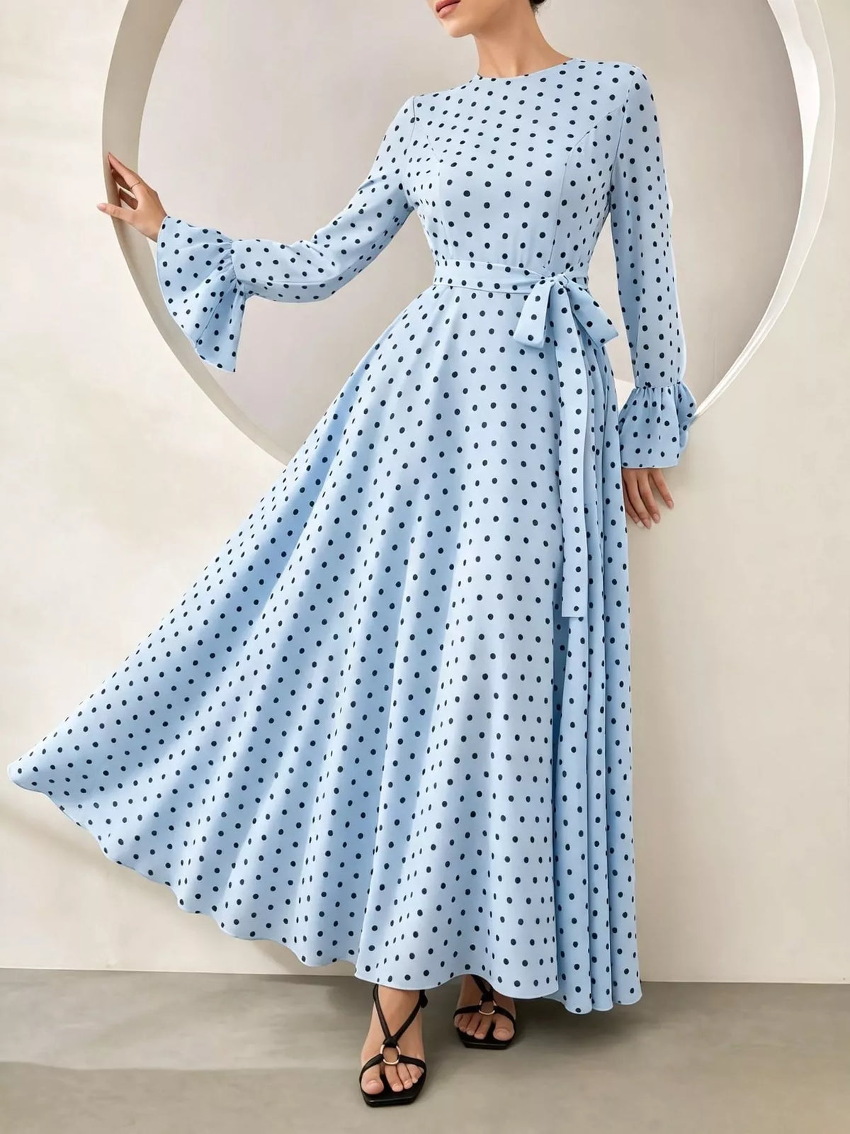 Polka Dot Long Sleeve Maxi Dress with Waist Tie in light blue
