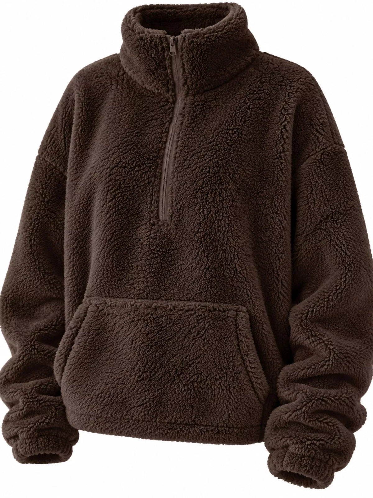 Sherpa quarter-zip sweatshirt, dark brown zip and pocket front