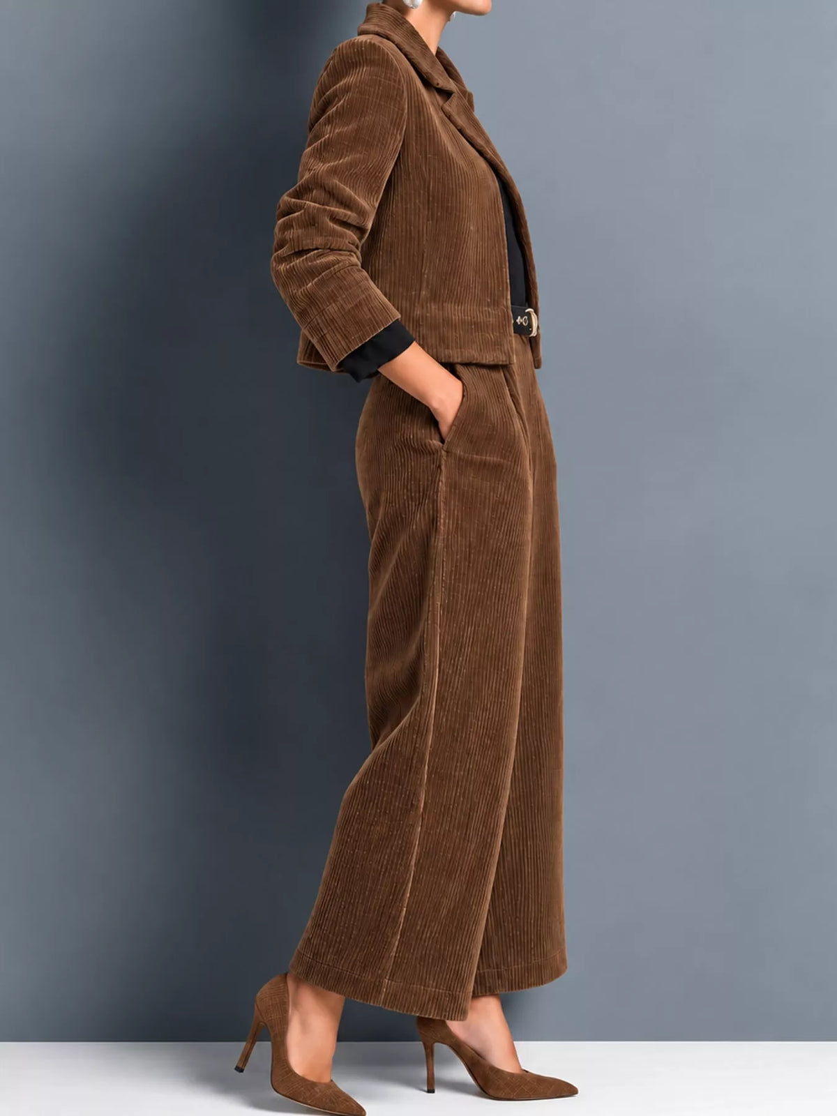 Corduroy Button Up Blazer and Pants Set in brown