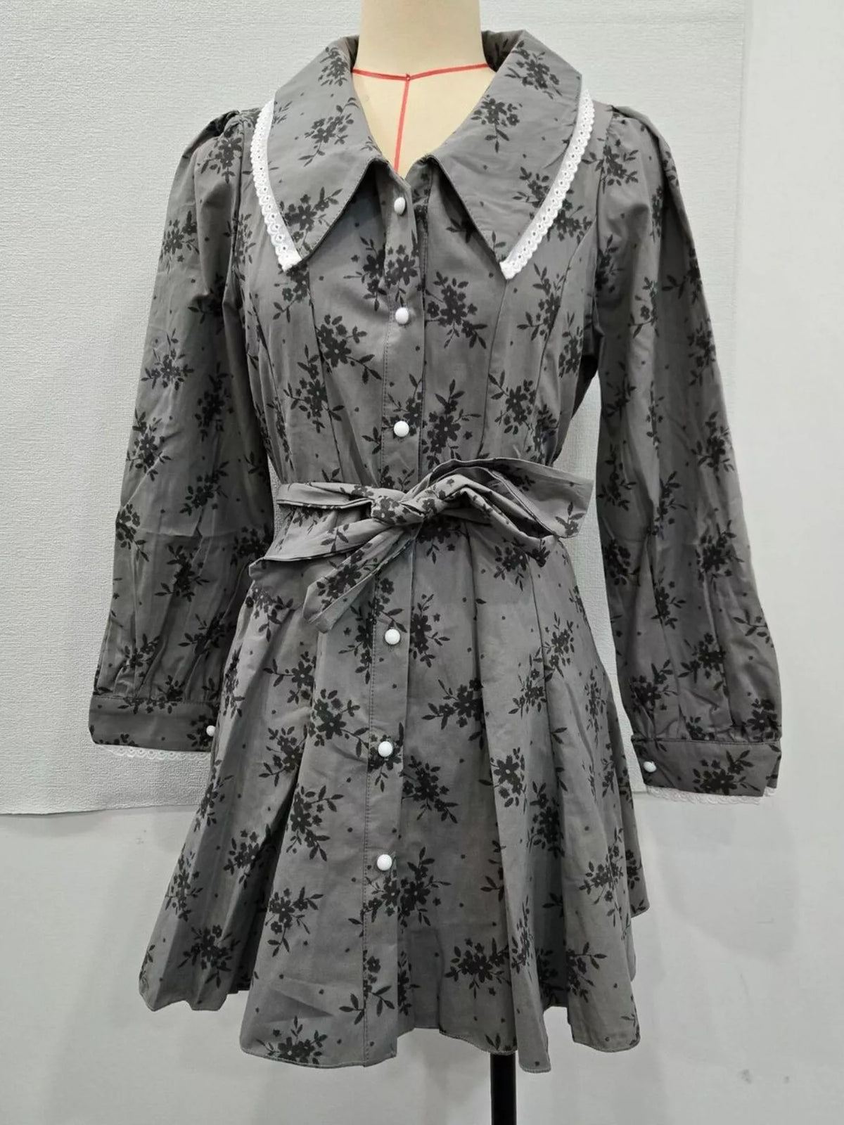 Dark Gray Floral Puff-Sleeve Button-Front Midi Dress front view on mannequin