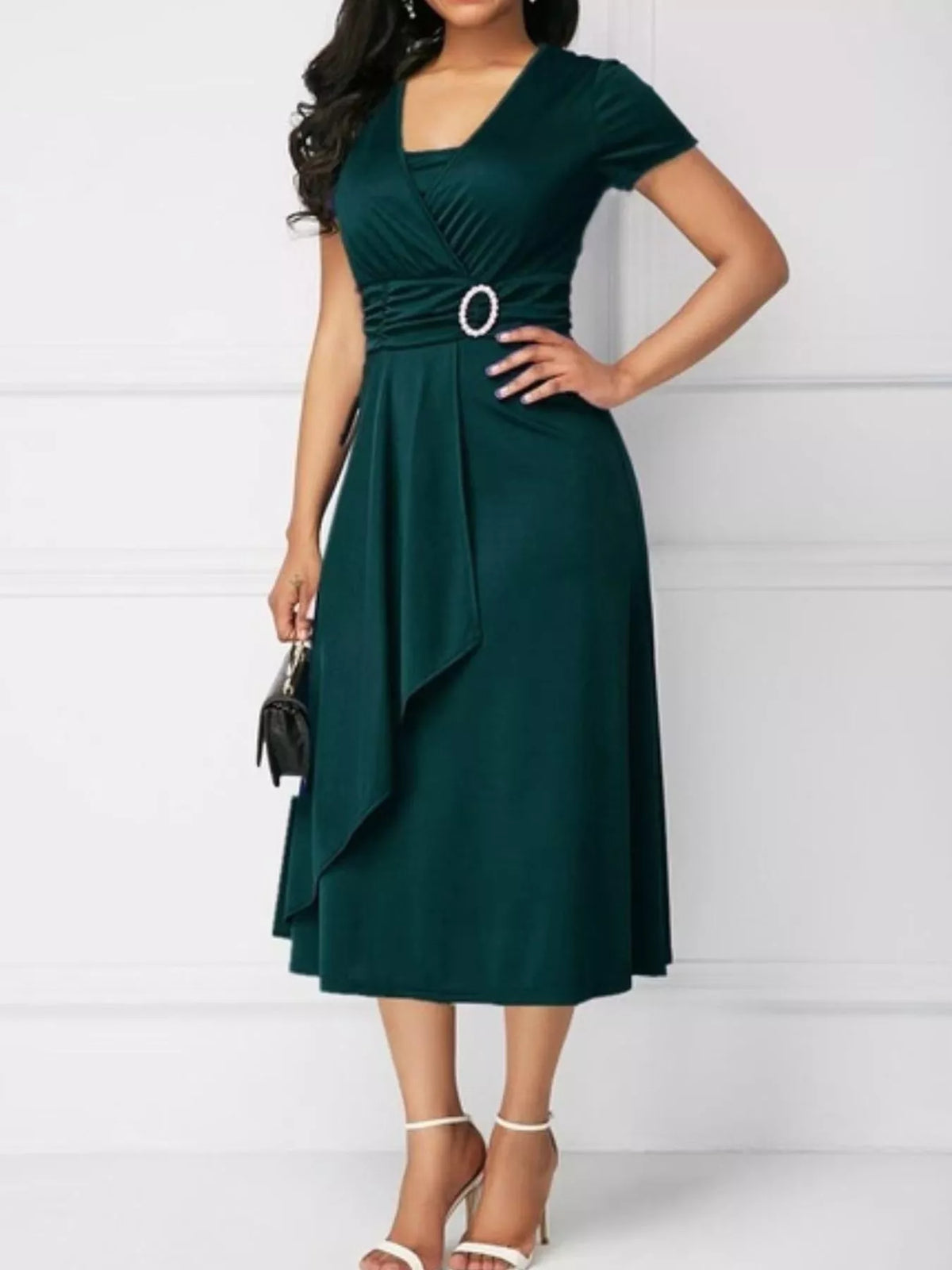Decorative Buckle Short Sleeve Dress — side view