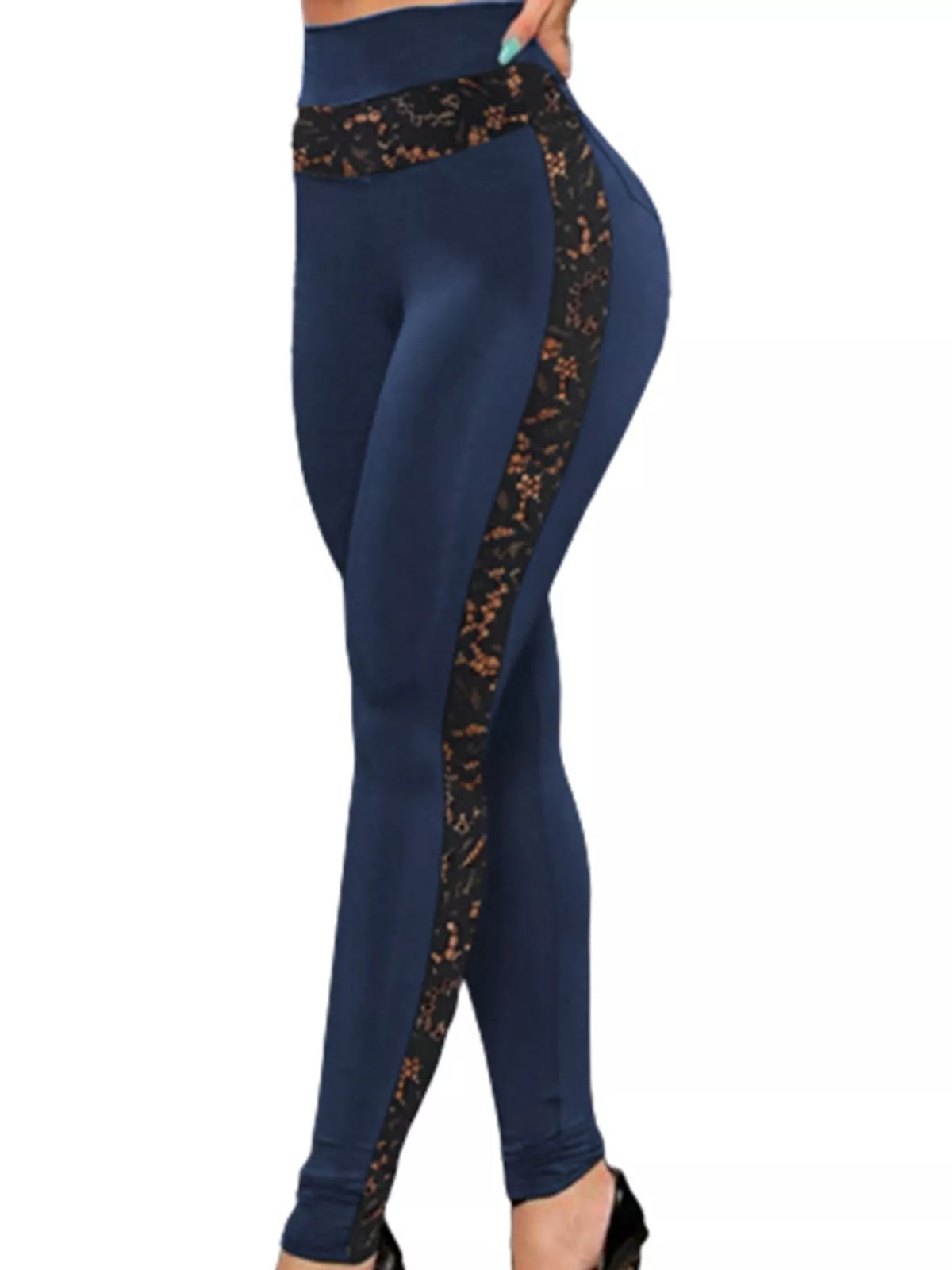 Dark Blue high-waisted floral lace-trimmed leggings
