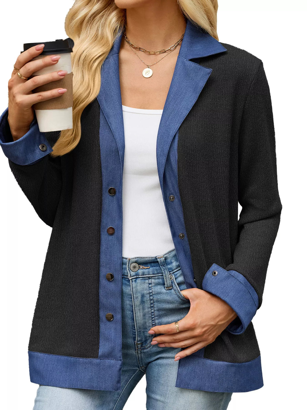 Trendsi Contrast Denim Lapel Collar Outerwear -