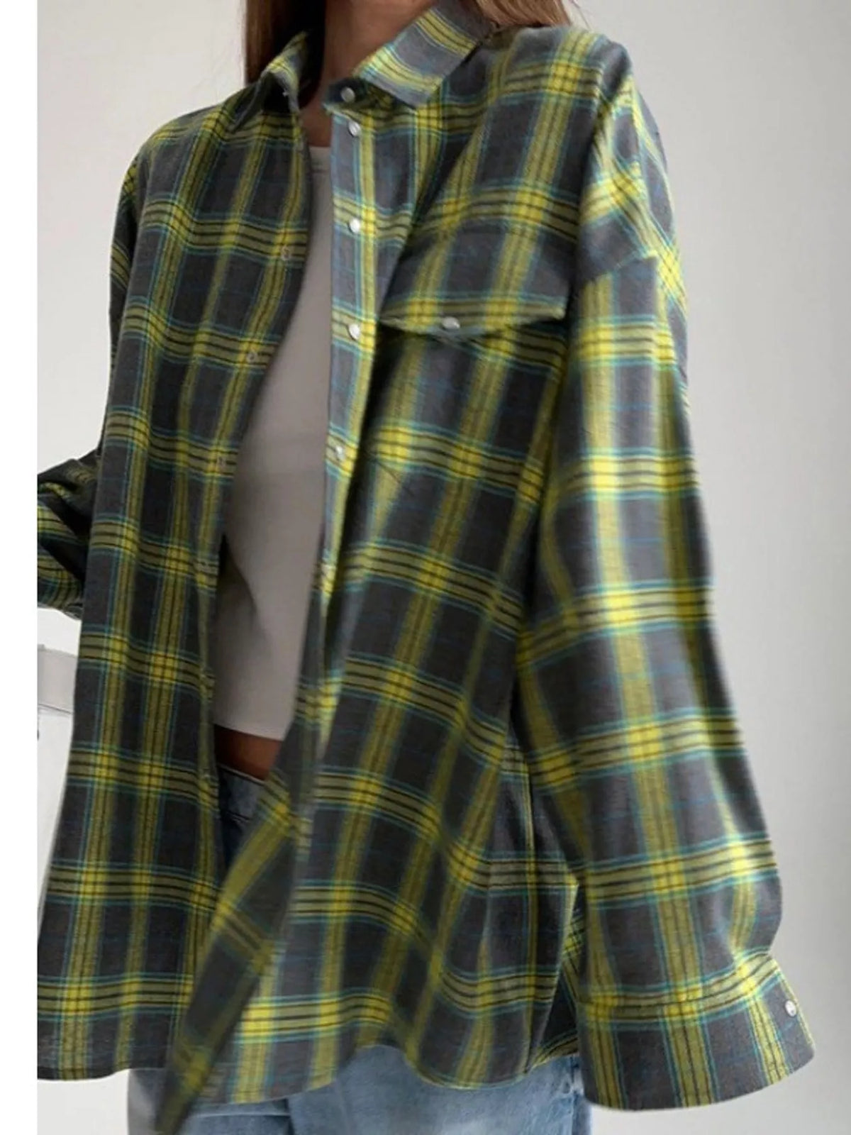 Yellow and green plaid button-up shirt with chest pockets