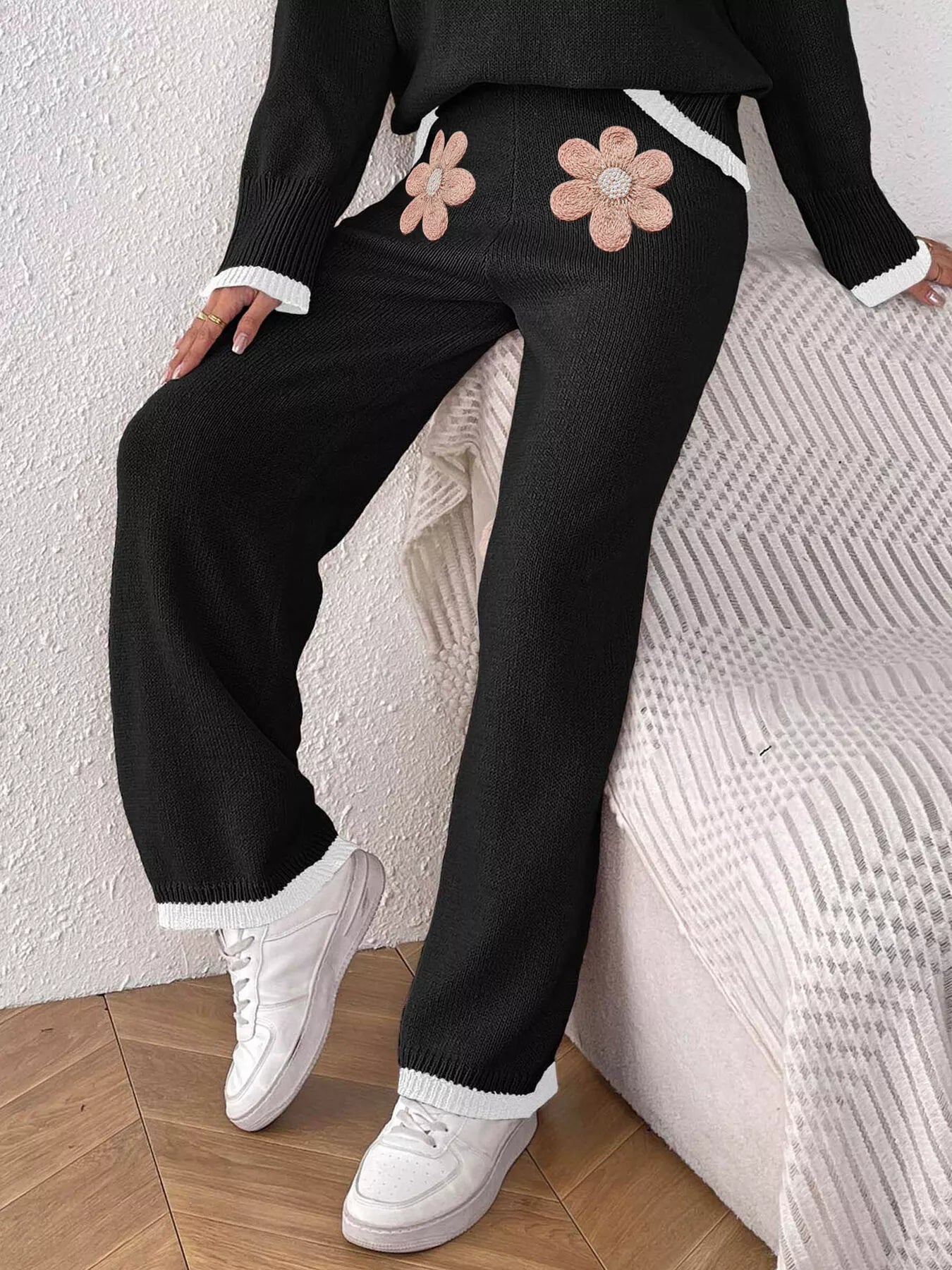 Trendsi Floral Applique High-Waisted Wide-Leg Sweater Pants -