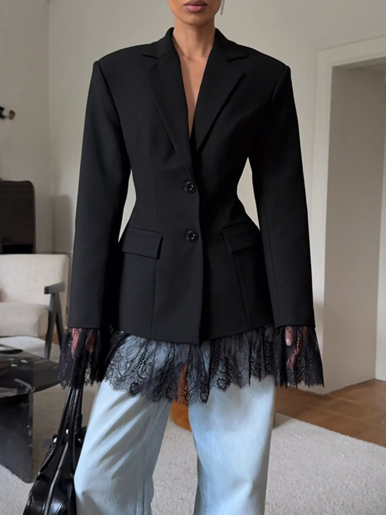 Trendsi Lace Hem Lapel Collar Blazer -
