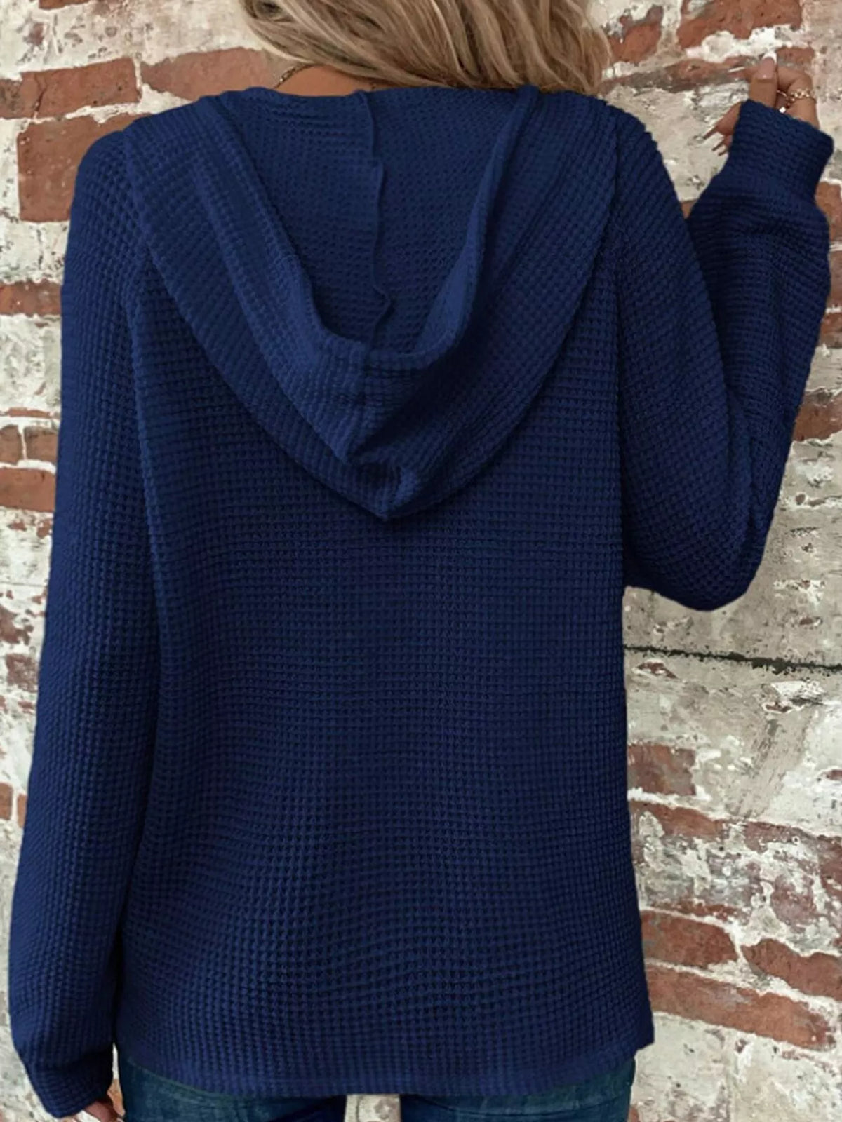 Navy waffle knit button-detail hoodie, back view