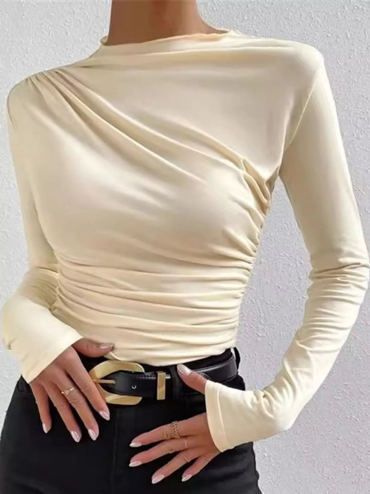 Ruched Boat Neck T-Shirt in cream, front view