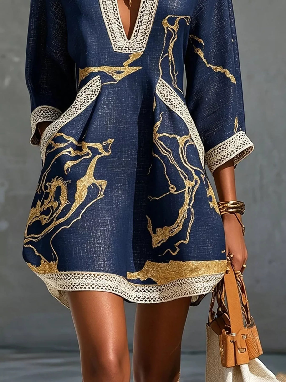 Navy notched 3/4 sleeve mini dress, front pockets and hem trim