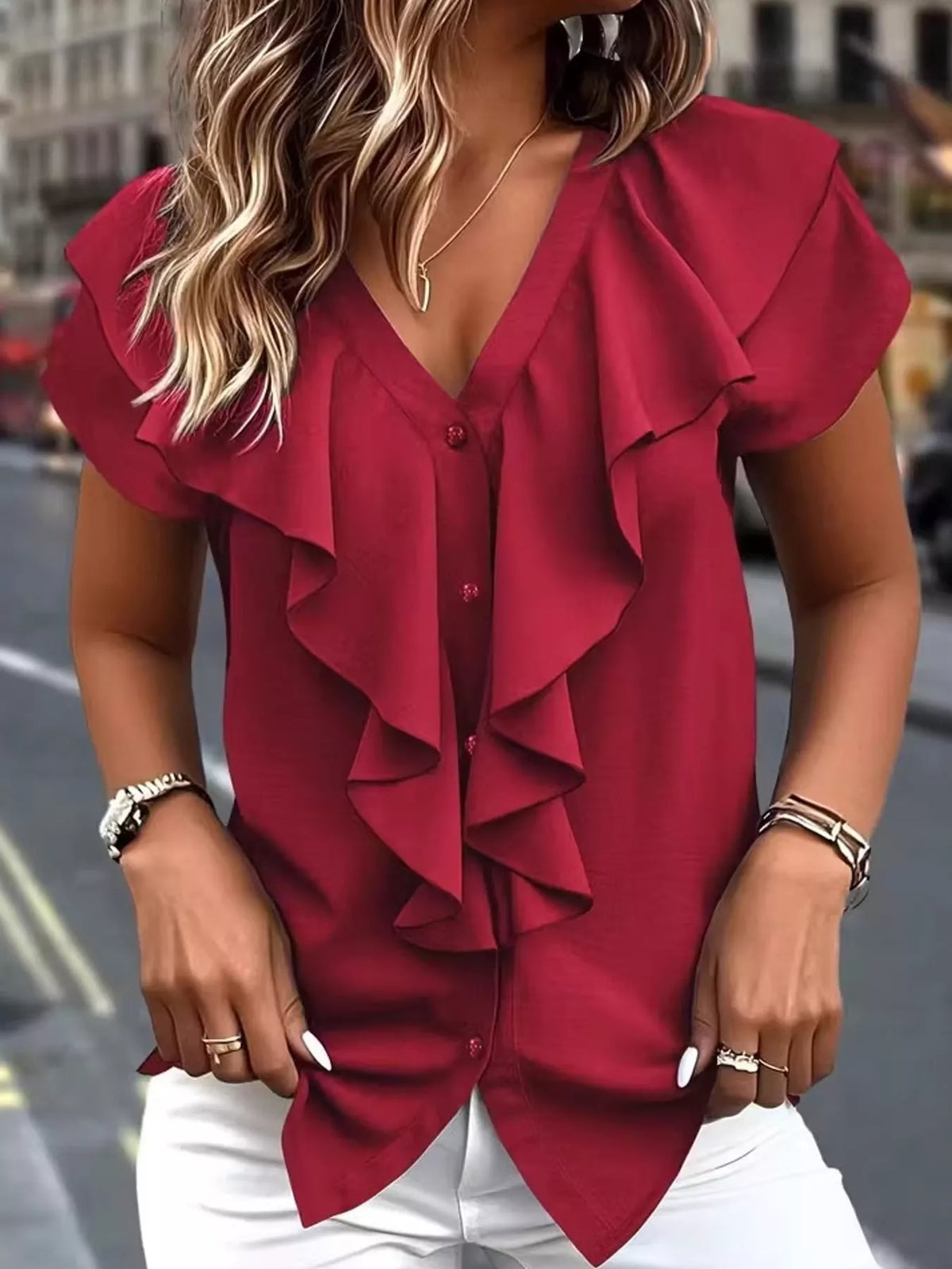 Burgundy v-neck ruffle trim button-down shirt