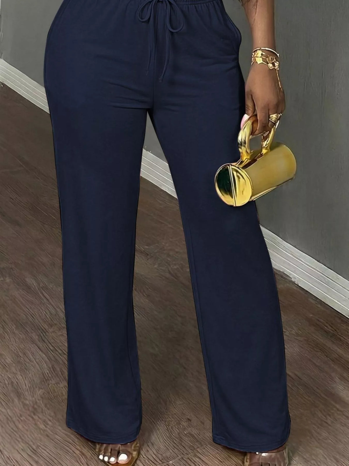 Dark Blue Short Sleeve Top and Wide-Leg Pants Set, pants detail