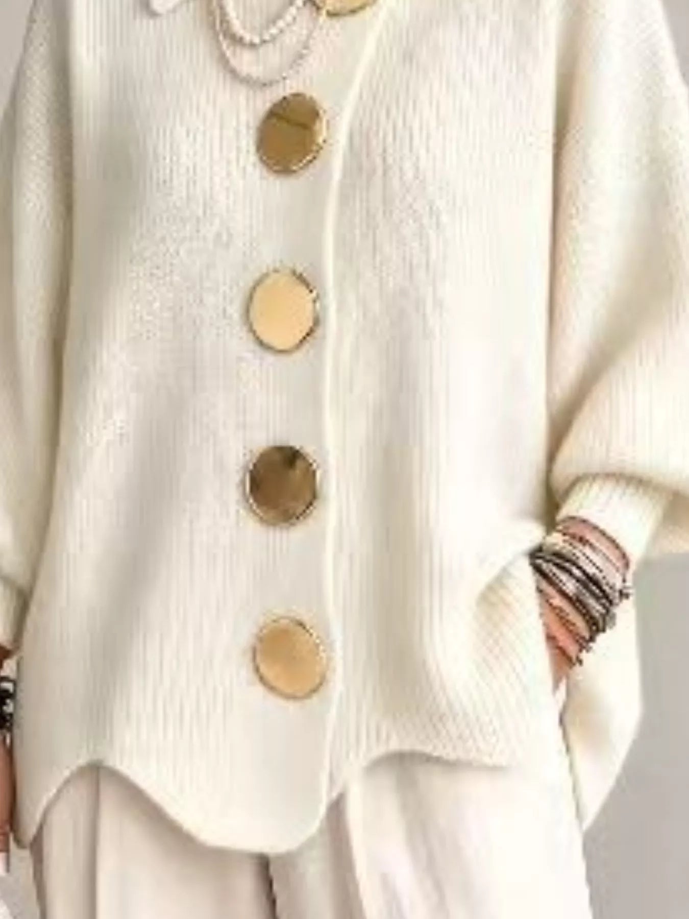 Trendsi Full Size Gold Buttons Lantern Sleeve Cardigan Plus Size -