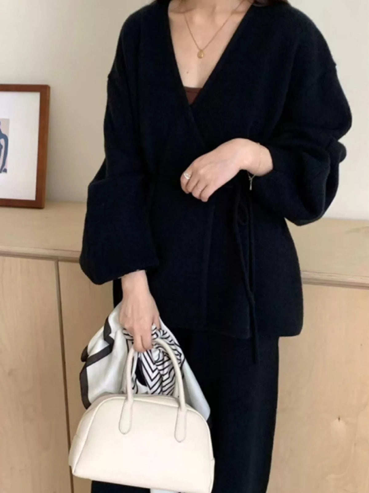 V-Neck Tied Wrap Cardigan and Wide-Leg Pants Sweater Set — front view