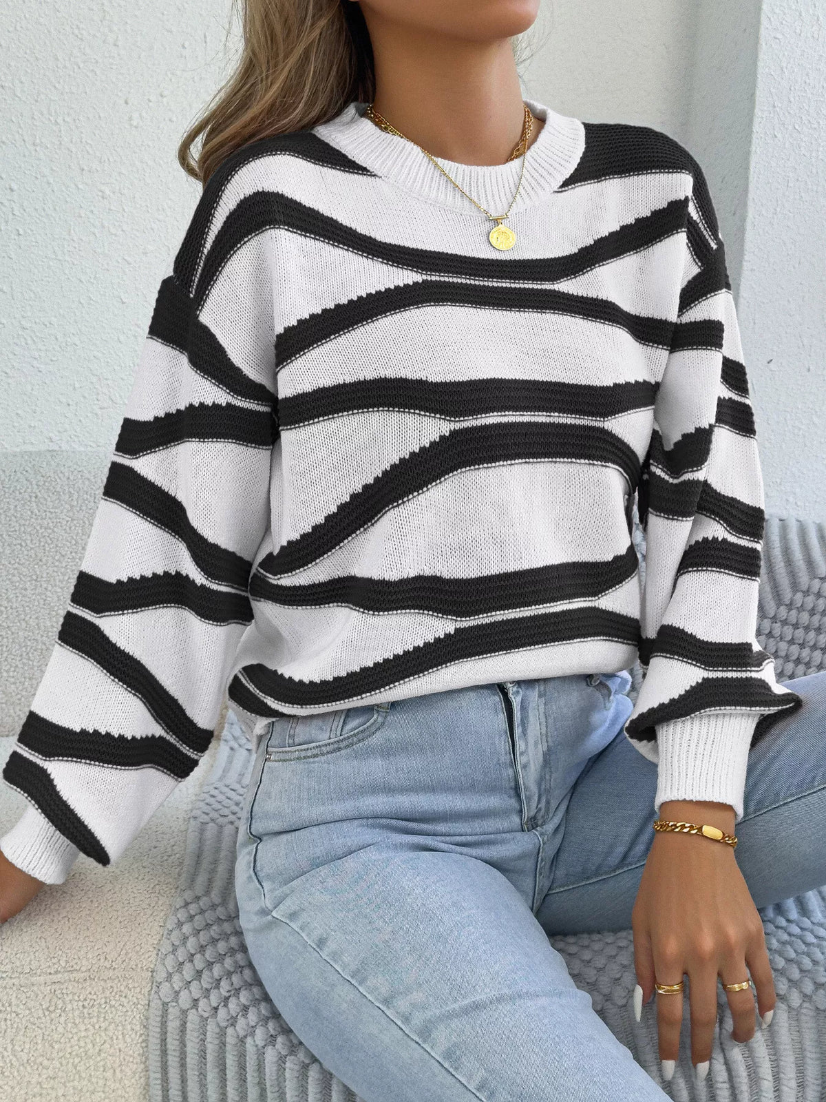 Black striped crew neck sweater