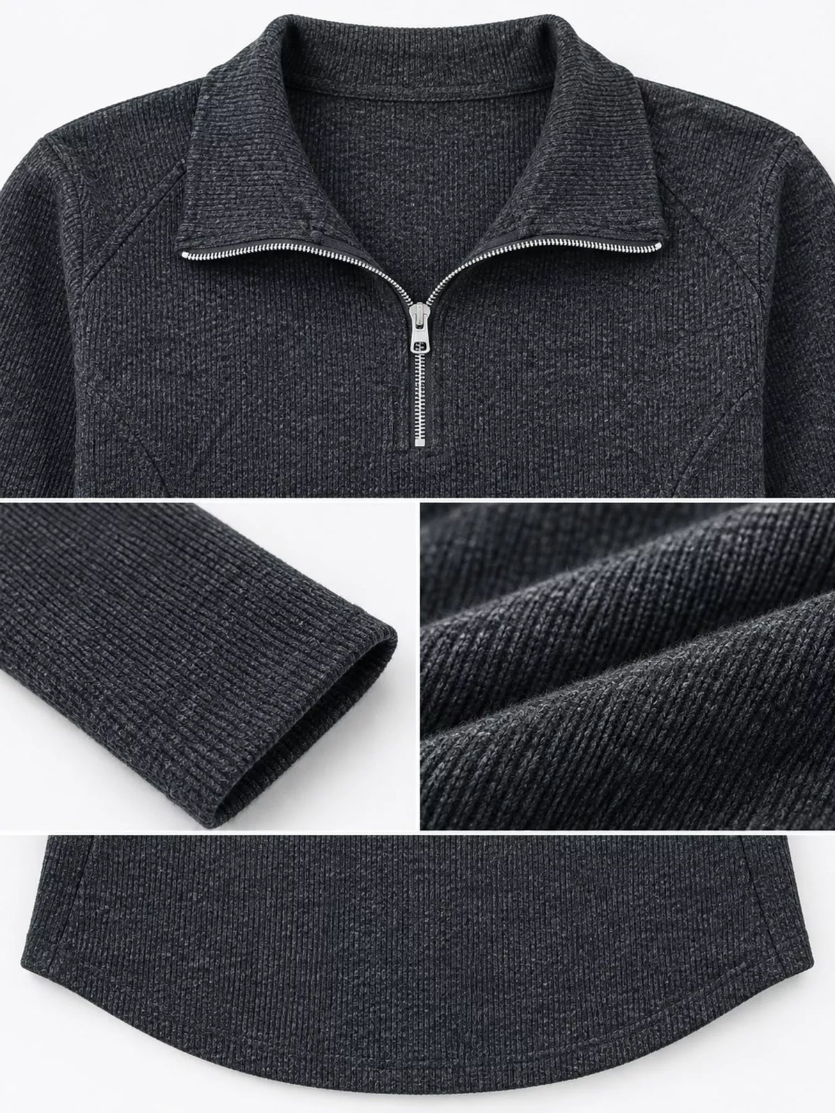 Quarter-zip ribbed top, charcoal collar cuff fabric and hem details