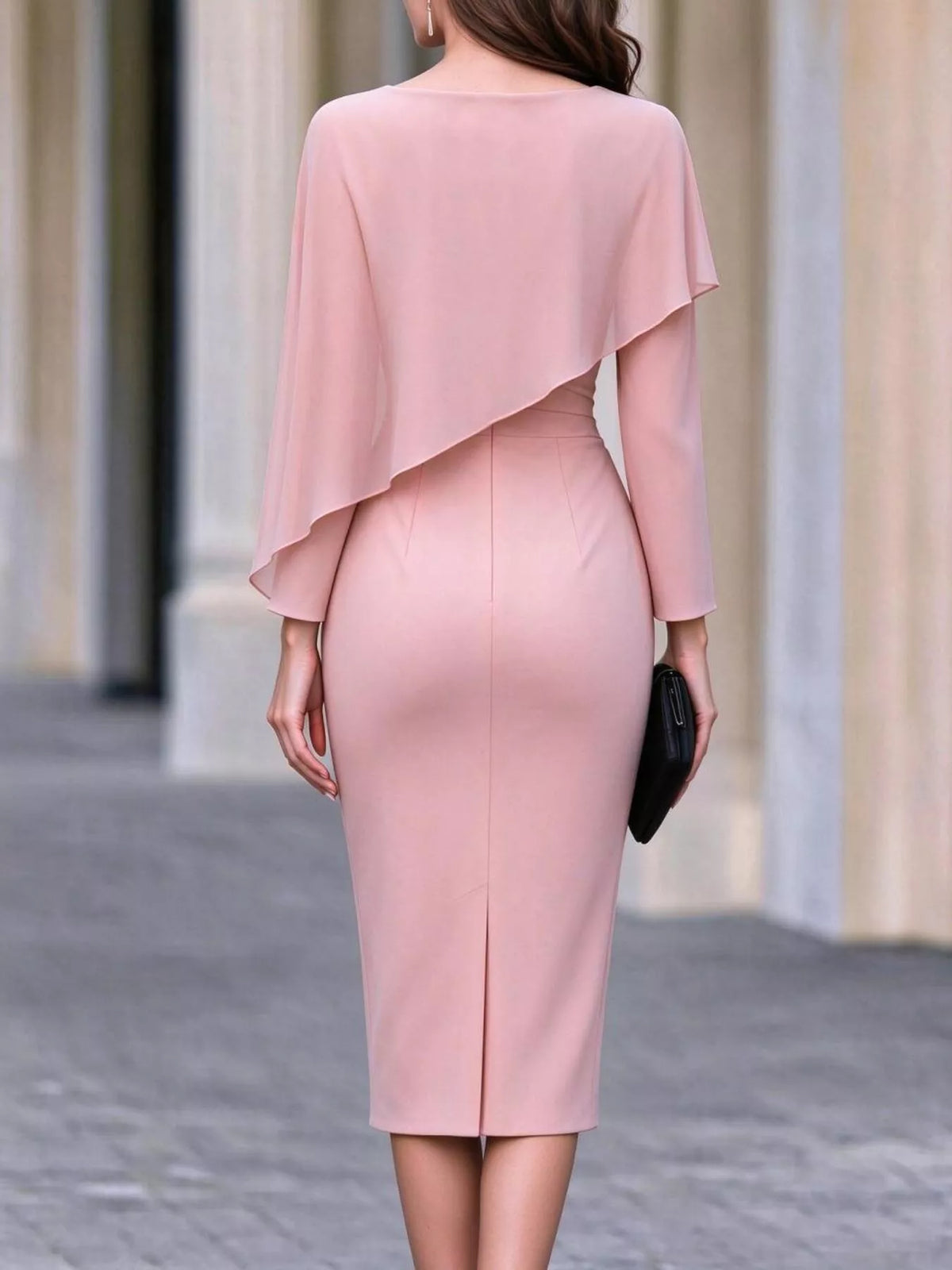 Dusty Pink cape-style bodycon midi dress, back view