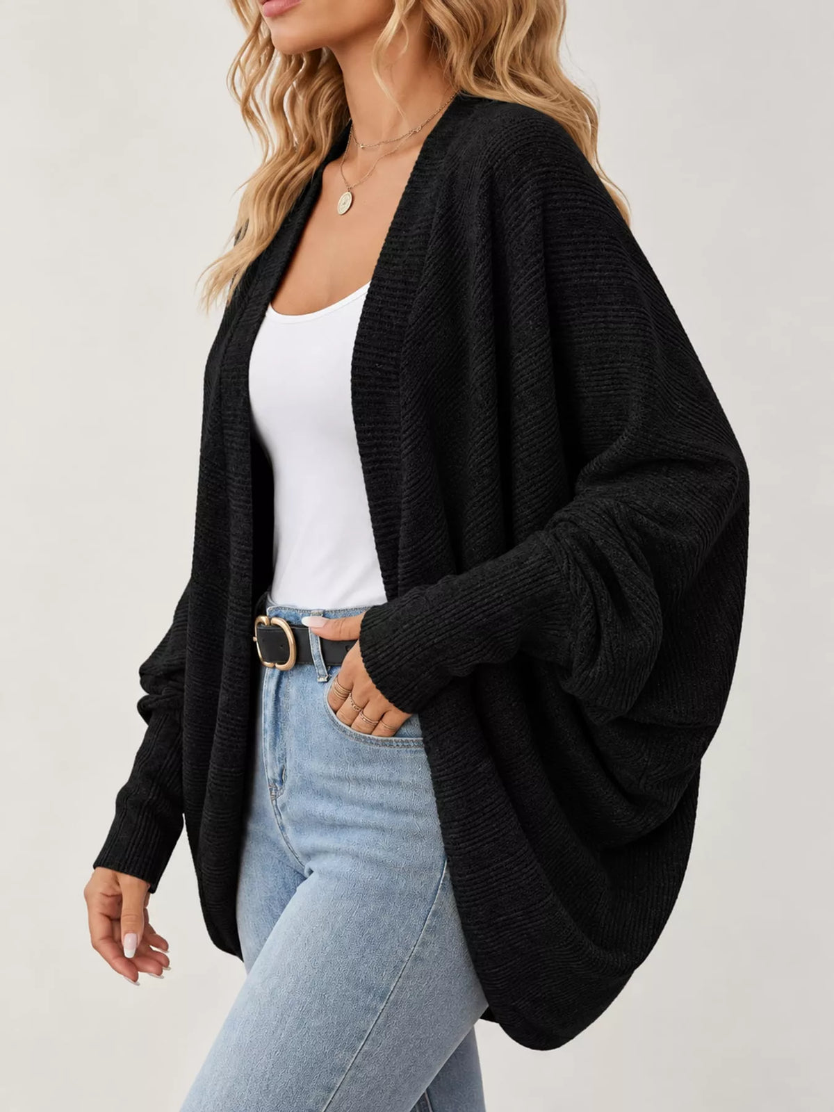 Black open-front batwing sleeve cardigan