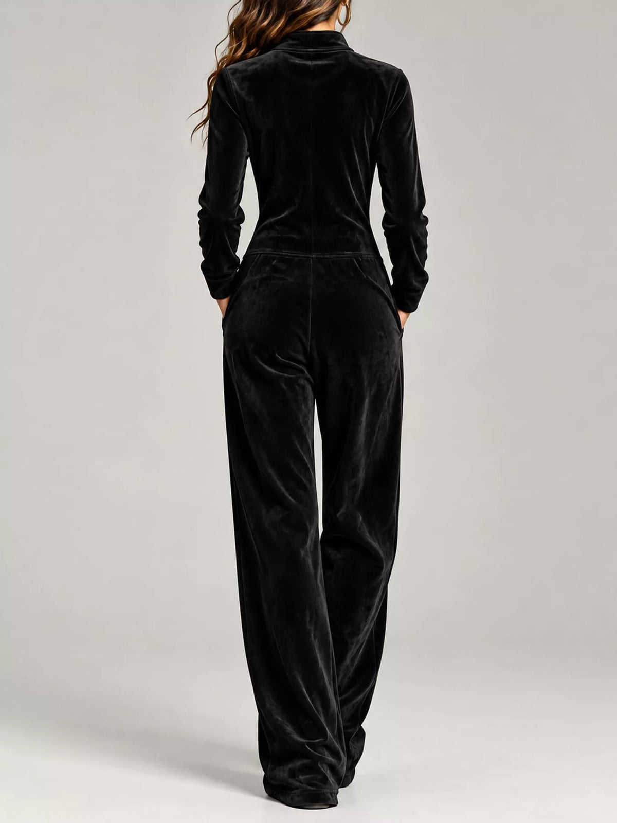 Velour Zip-Up Jumpsuit with Pockets, back view