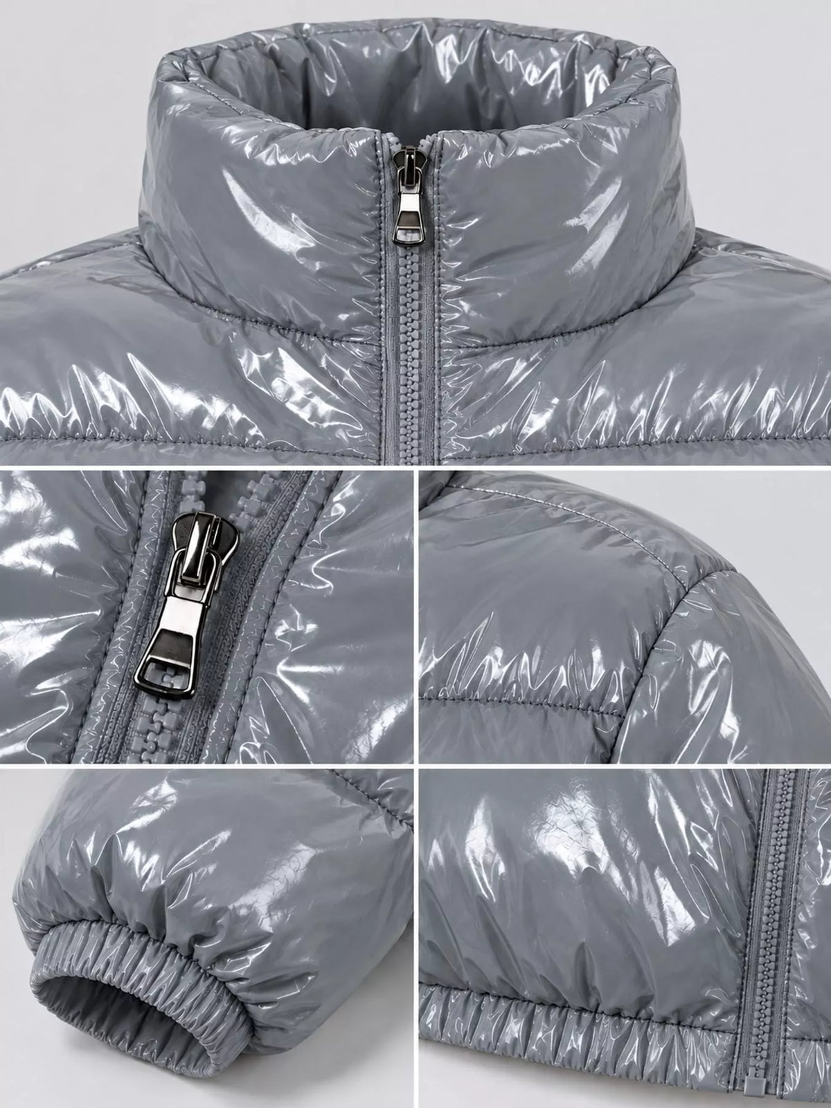 Glossy Stand-Collar Zip-Up Puffer Jacket — garment construction details