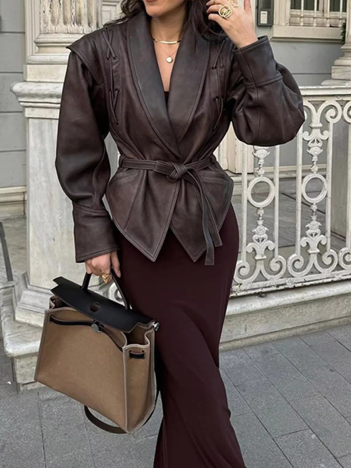 Trendsi Belted Leather Jacket with Shawl Collar -