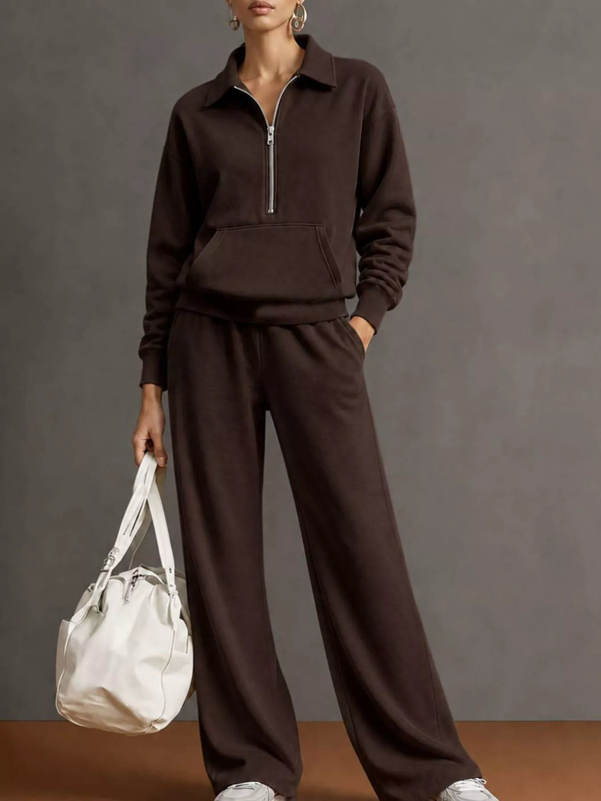 Half Zip Long Sleeve Top and Pants Set — front view