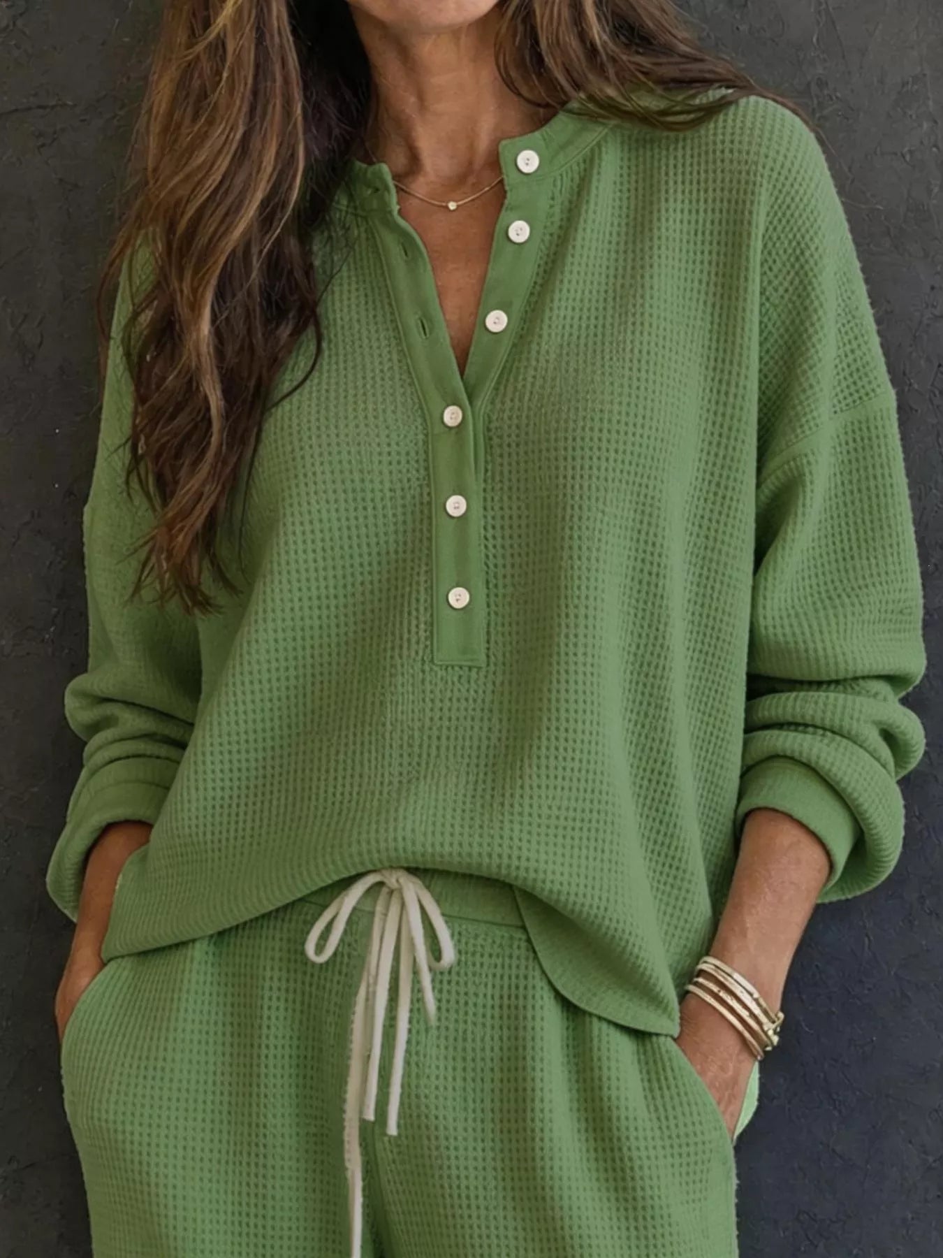 Trendsi Waffle Knit Henley Top and Wide Leg Pants Set -