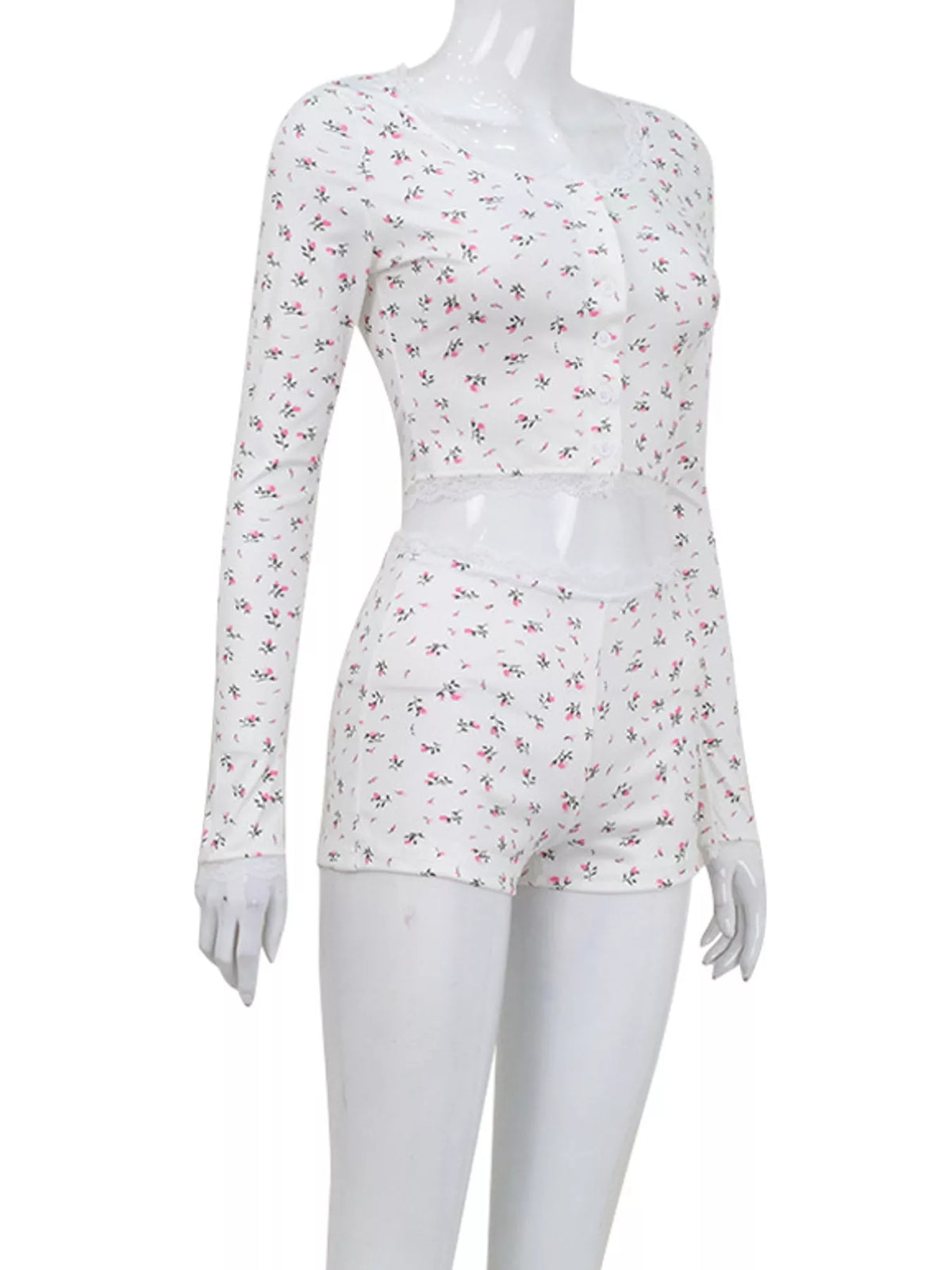 Lace Detail Floral Top and Shorts Lounge Set in white