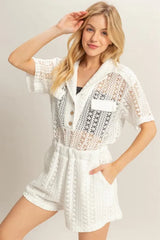 Trendsi HYFVE Crochet Button Front Short Sleeve Romper -