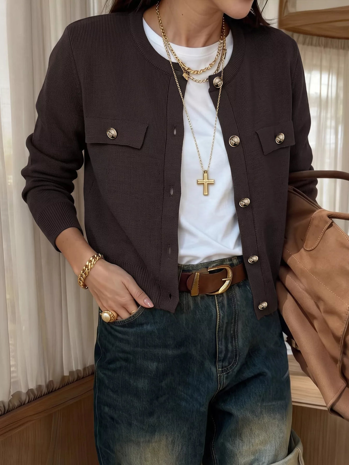 Coffee brown button down long sleeve cardigan