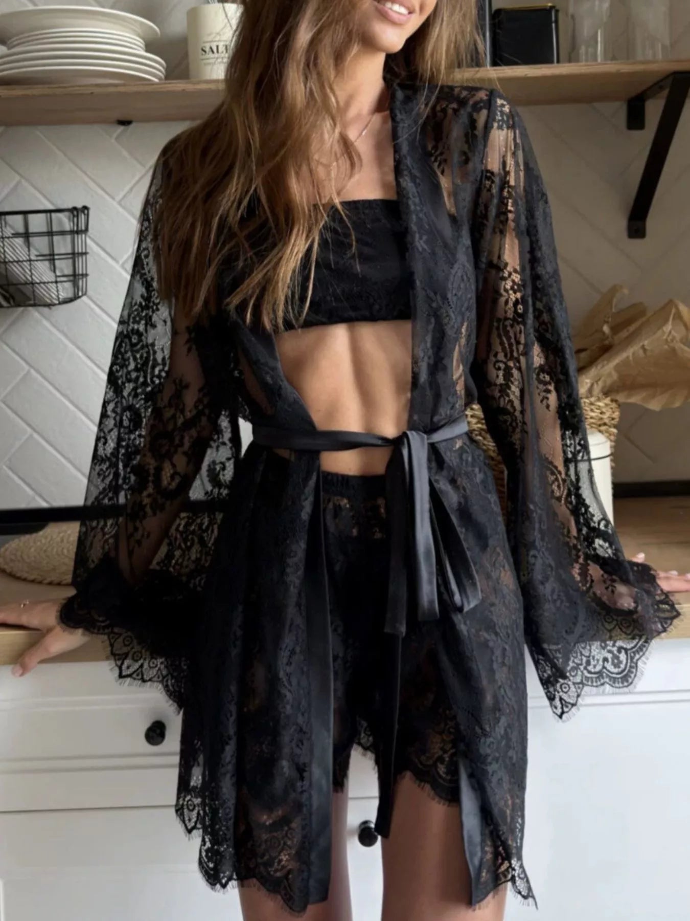 Trendsi Lace Tube Top & Cardigan and Shorts Three-Piece Lounge Set -