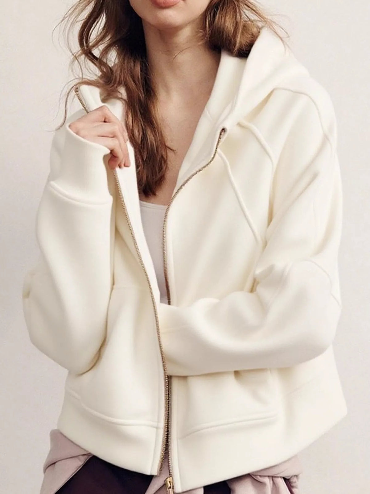Women's Zip Up Raglan Sleeve Hoodie in cream — front view
