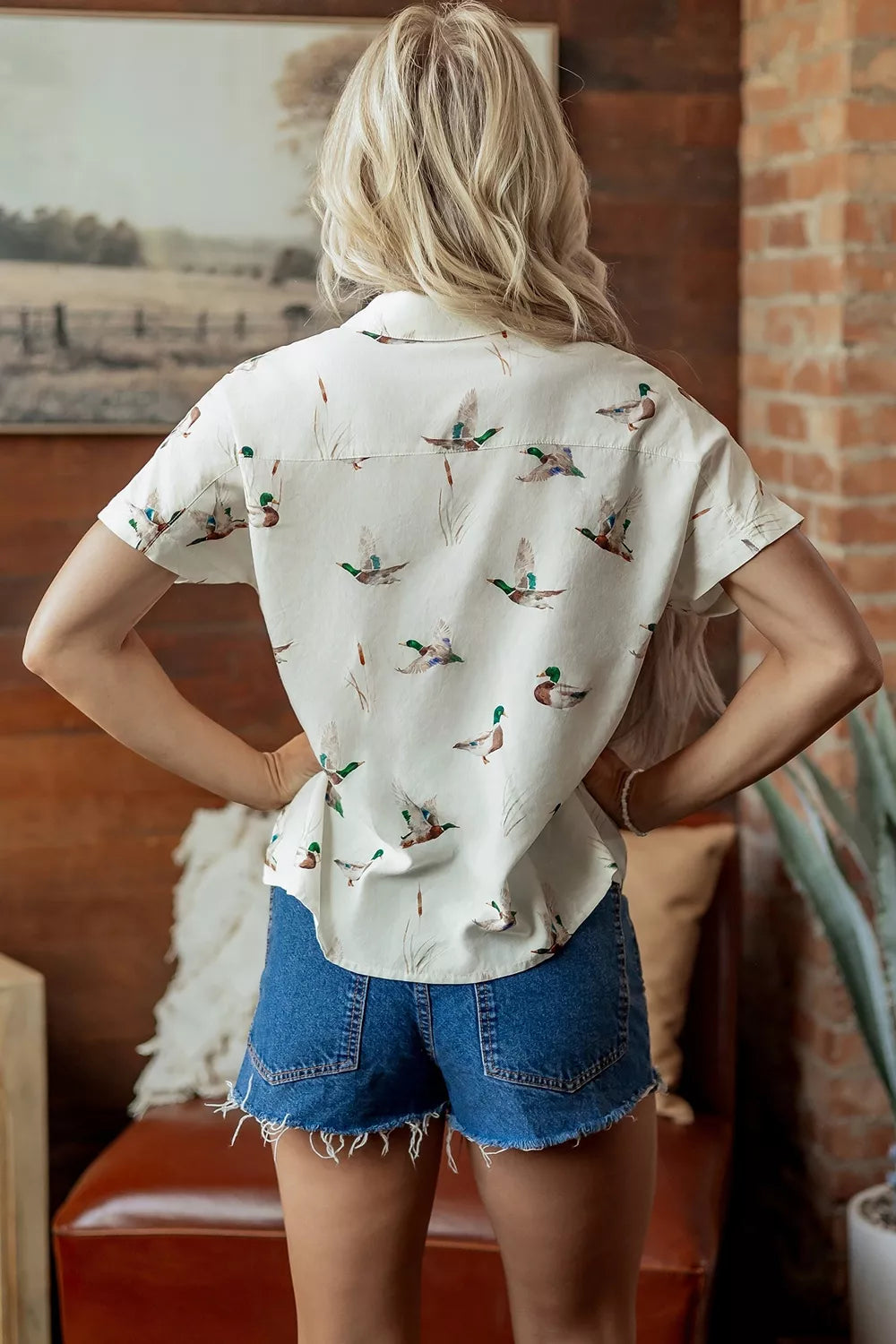 Trendsi Mallard Printed Button Flap Pocket Short Sleeve Shirt -