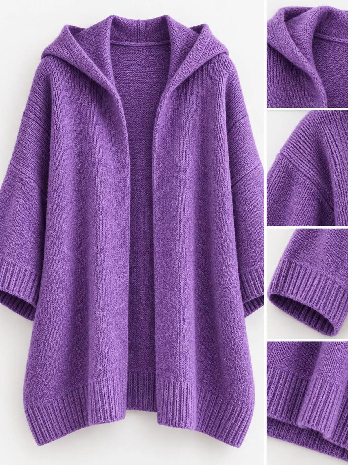 Hooded knit cardigan, purple detail collage
