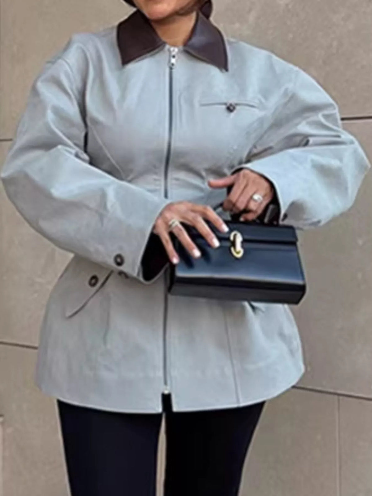 Pale gray-green contrast collar zip-up jacket — front view