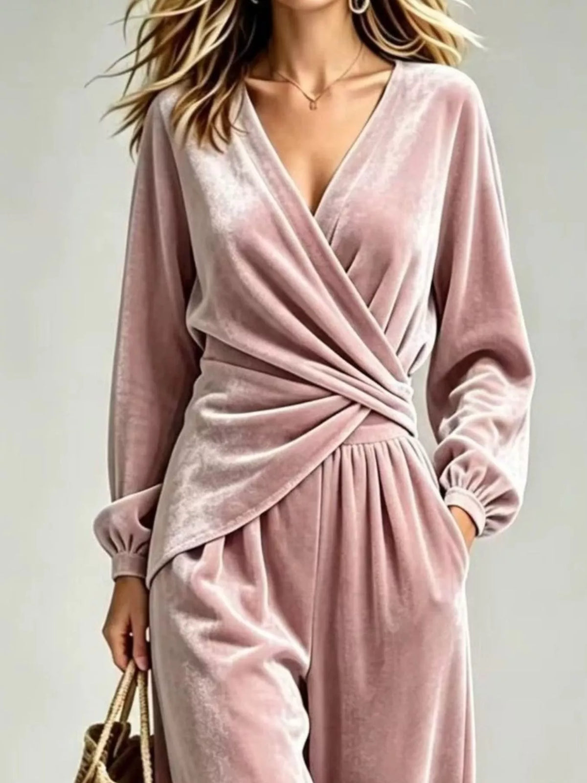 Dusty Pink Velvet Wrap-Front Top and Pants Set detail view