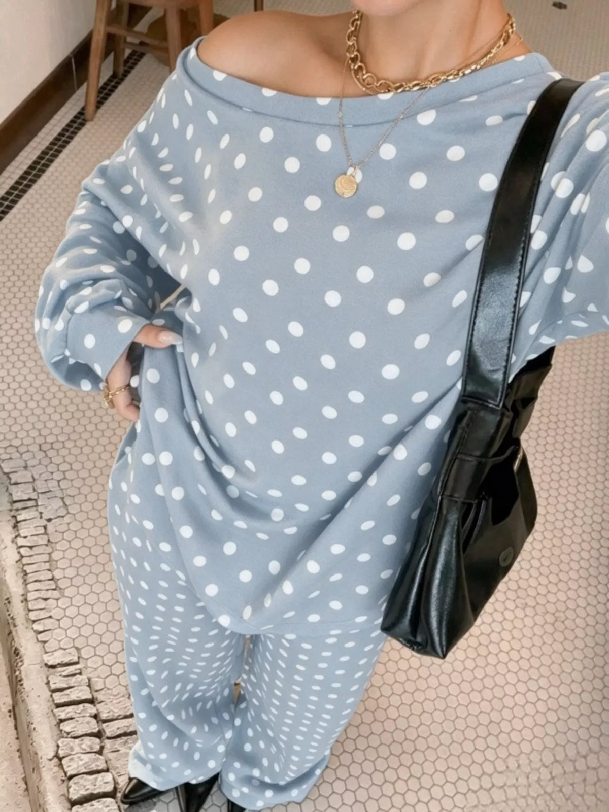 Women's polka dot boat neck top and pants set