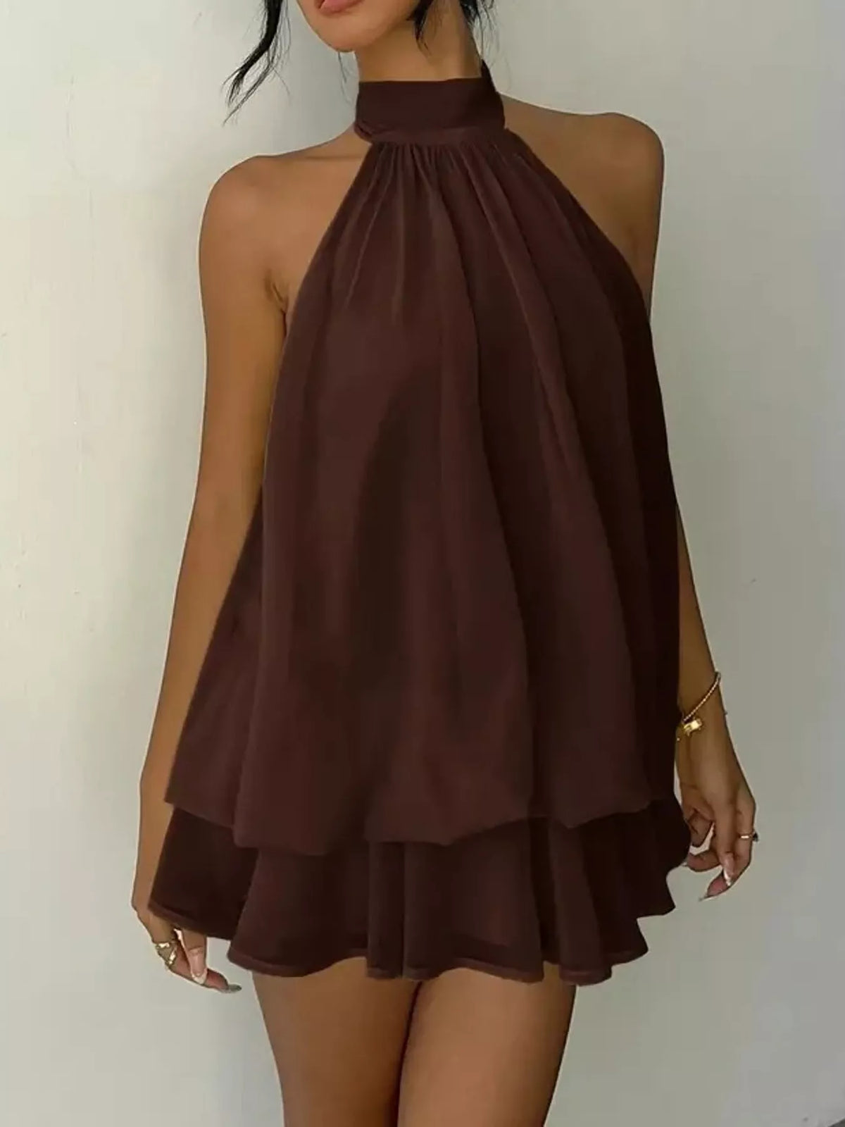 Brown halter neck chiffon mini dress