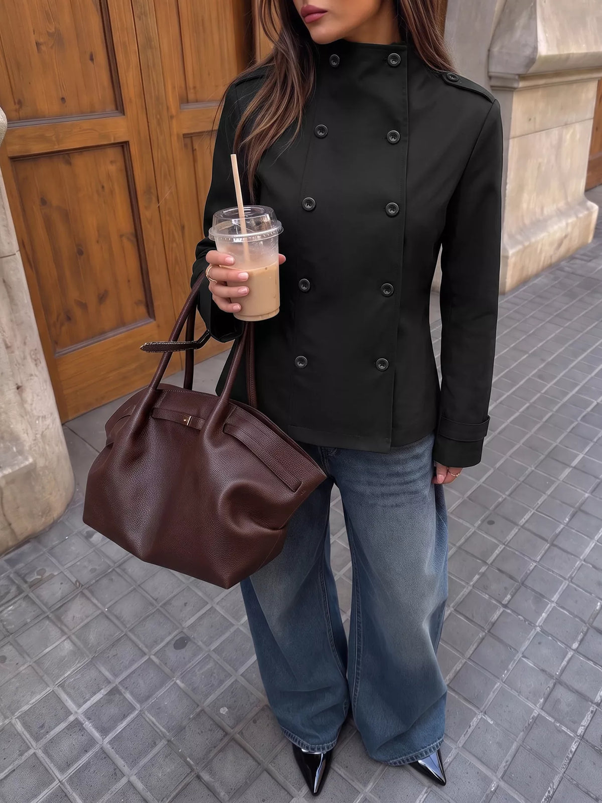 Double-Breasted Military-Style Stand Collar Jacket — front view