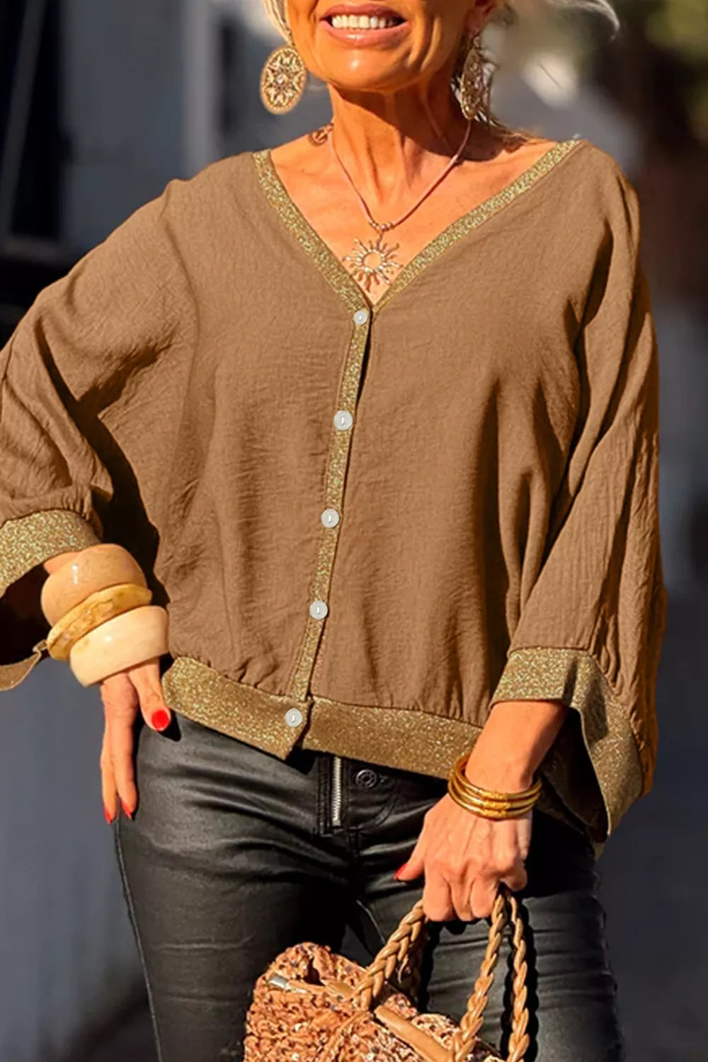 Trendsi V-Neck Button Up Shirt -