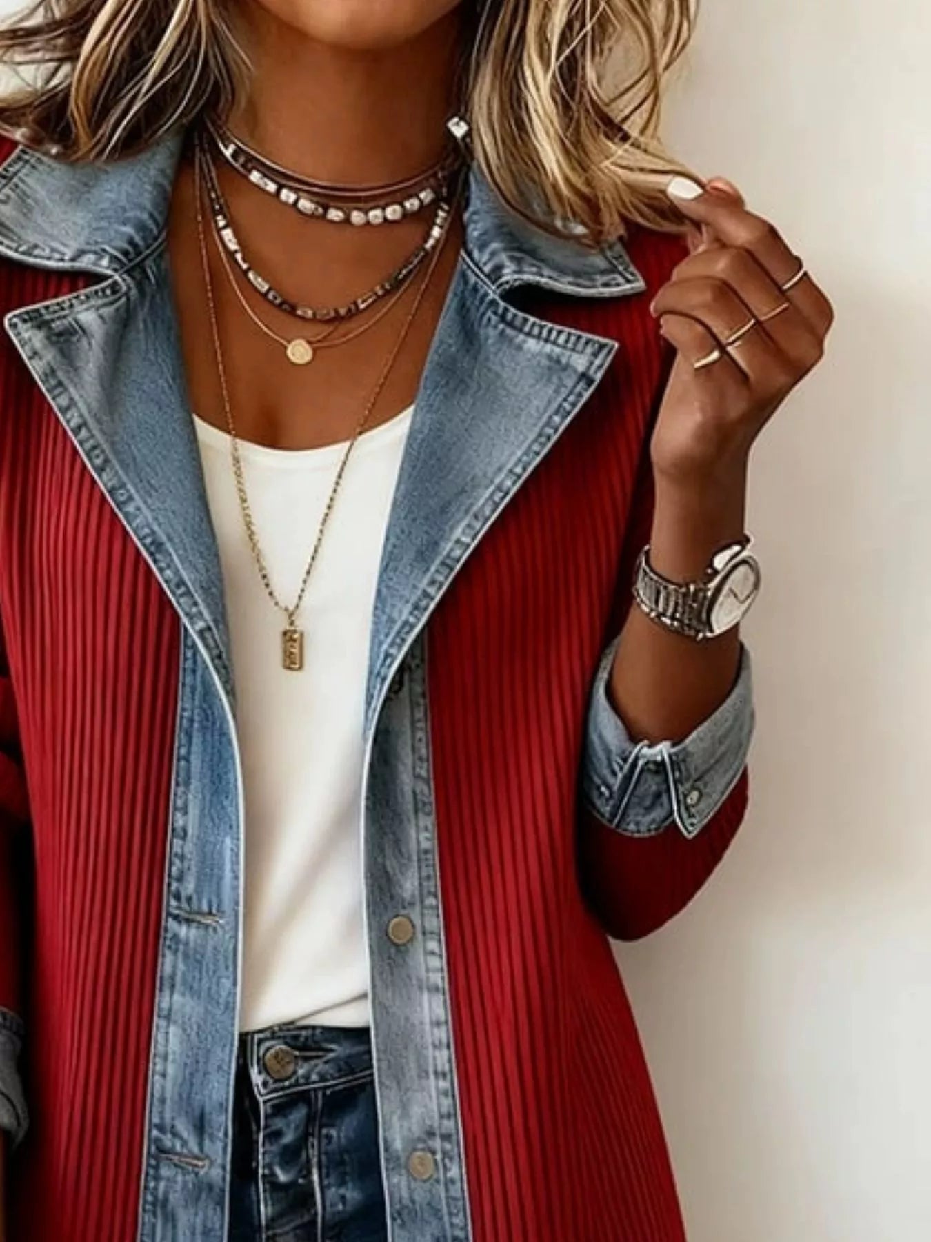 Trendsi Full Size Denim Trim Ribbed Knit Jacket Plus Size -