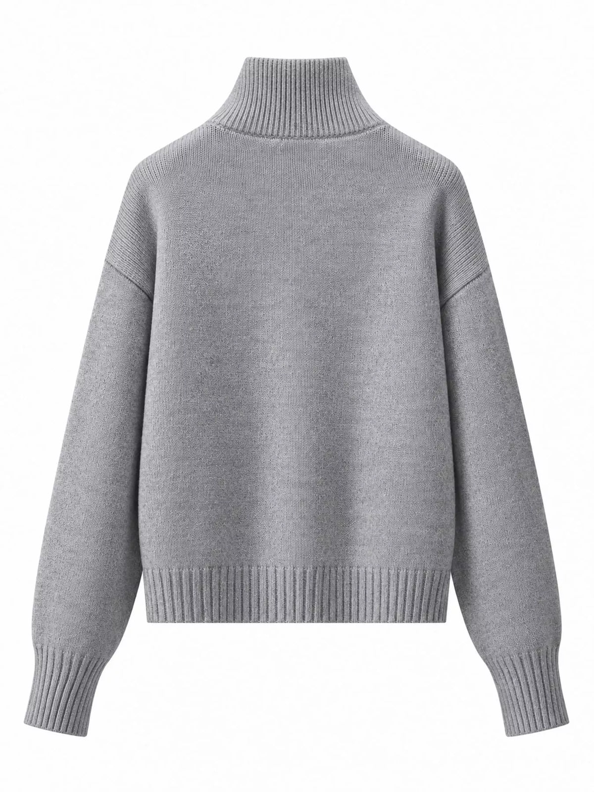 Gray turtleneck zip-up cardigan, back view
