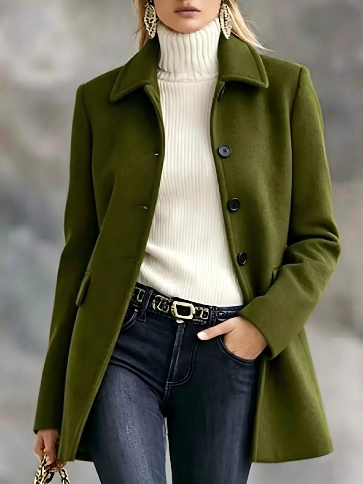 Women's Button Up Longline Coat in olive — front view