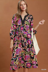 Trendsi Umgee Abstract Print Embroidered Belted Midi Dress -
