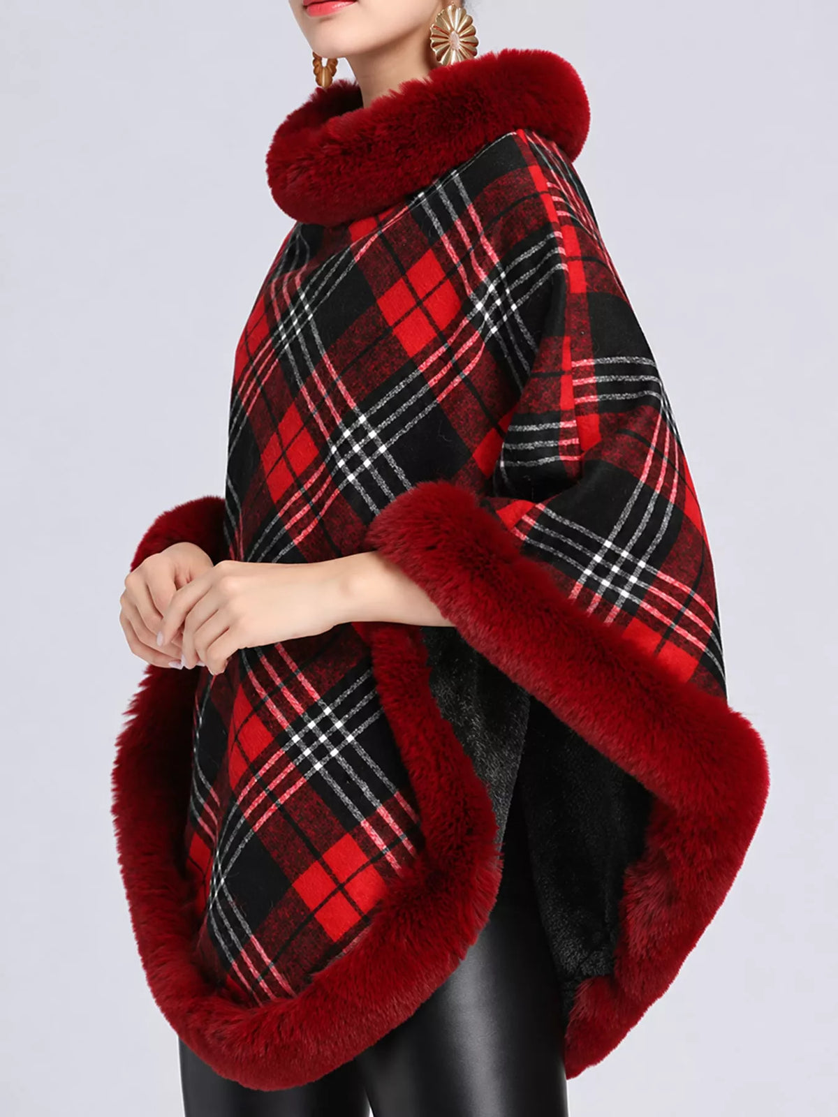 Red-Plaid plaid faux fur trimmed poncho cape