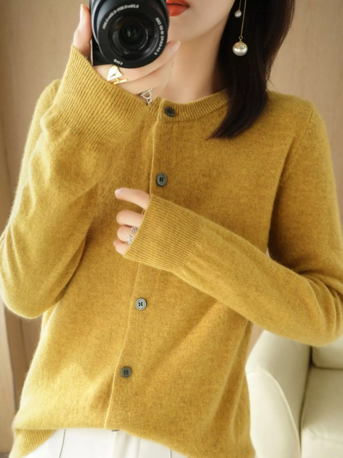 Mustard crew neck button-front cardigan